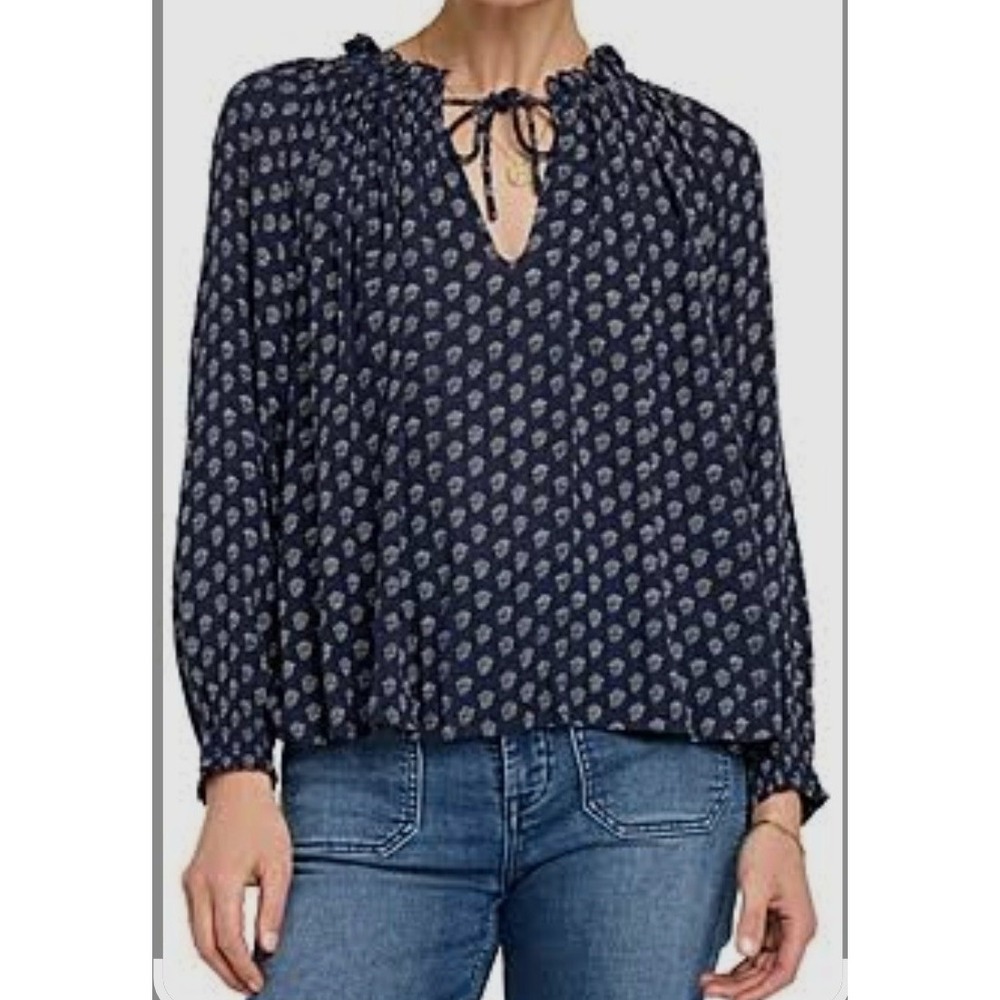 Faherty Emery Blouse Navy Lotus Floral Crinkle Ruffle Tie Neck Viscose Top Sz M